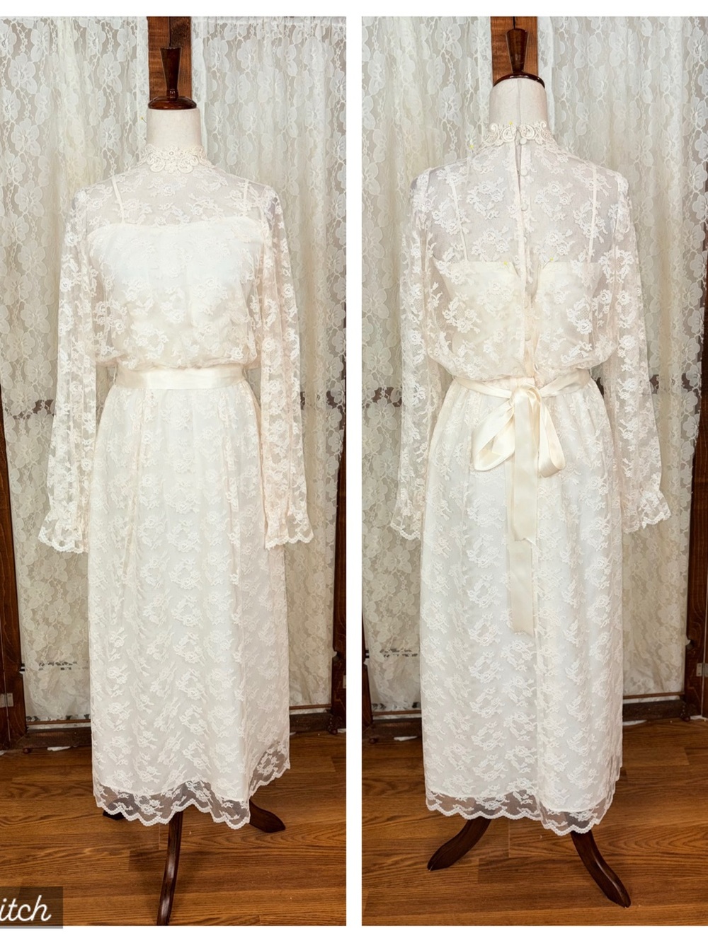 Beautiful Vintage 1960s/70s Ivory Lace Tea Length Wedding Dress